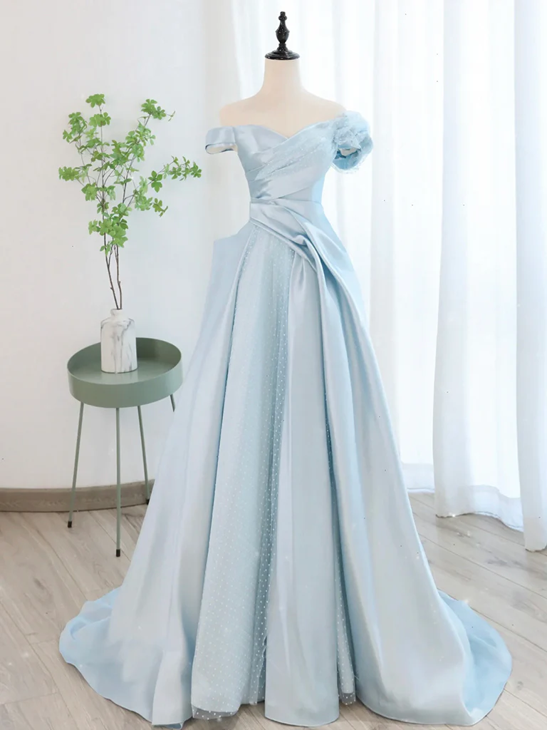 A-Line Light Sky Blue Satin Tulle Long Prom Dres