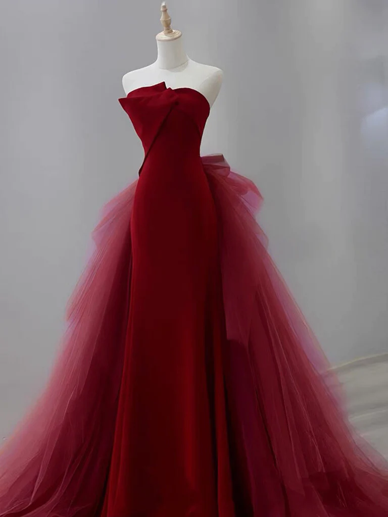 Simple Mermaid Tulle Velvet Burgundy Long Prom Dress
