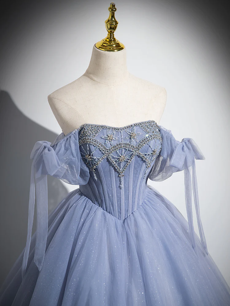Stunning Ball Gown Blue A-Line Tulle Beads Long Sweet 16 Dresses