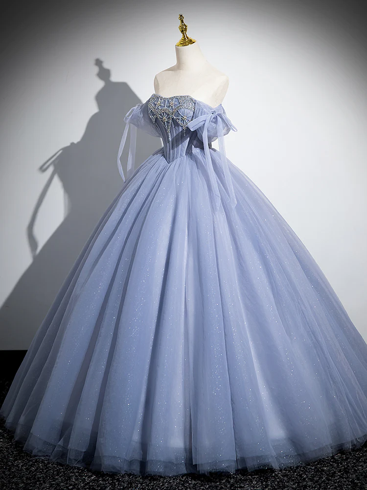 Stunning Ball Gown Blue A-Line Tulle Beads Long Sweet 16 Dresses