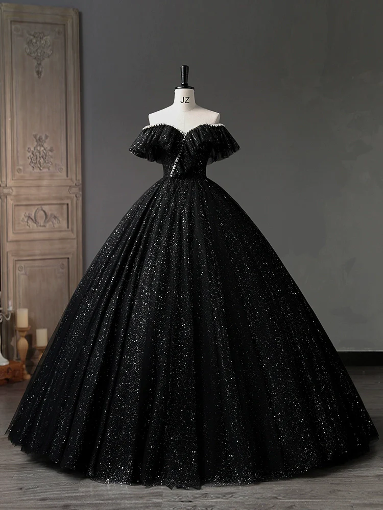 Simple A-Line Sweetheart Neck Tulle Sequin Black Long Prom Dress
