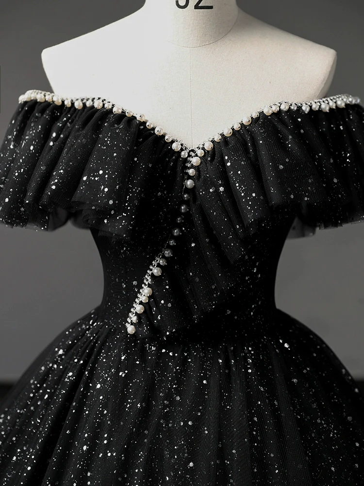 Simple A-Line Sweetheart Neck Tulle Sequin Black Long Prom Dress