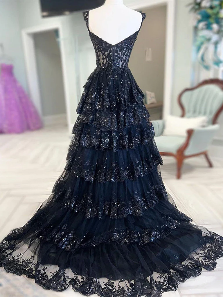 Cute A-Line Sweetheart Neck Tulle Sequin Black Long Prom Dress