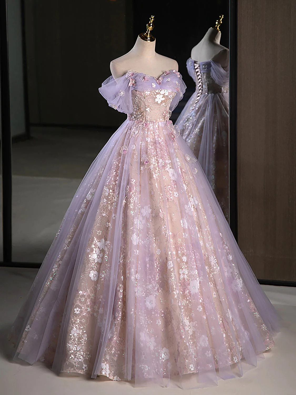 Ball Gown Sweetheart Neck Tulle Lace Purple Long Sweet 16 Dresses