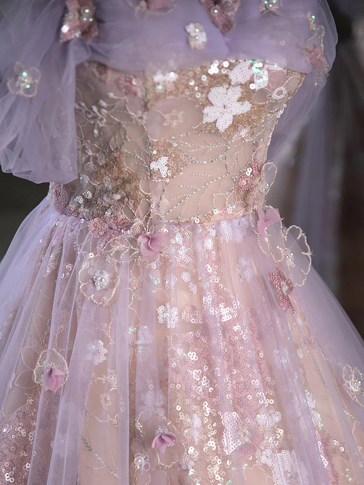 Ball Gown Sweetheart Neck Tulle Lace Purple Long Sweet 16 Dresses