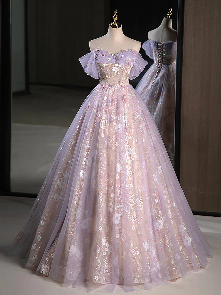 Ball Gown Sweetheart Neck Tulle Lace Purple Long Sweet 16 Dresses