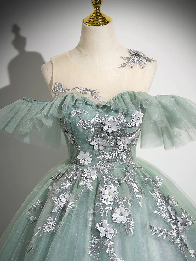 Ball Gown Off Shoulder Tulle Lace Green Long Sweet 16 Dresses