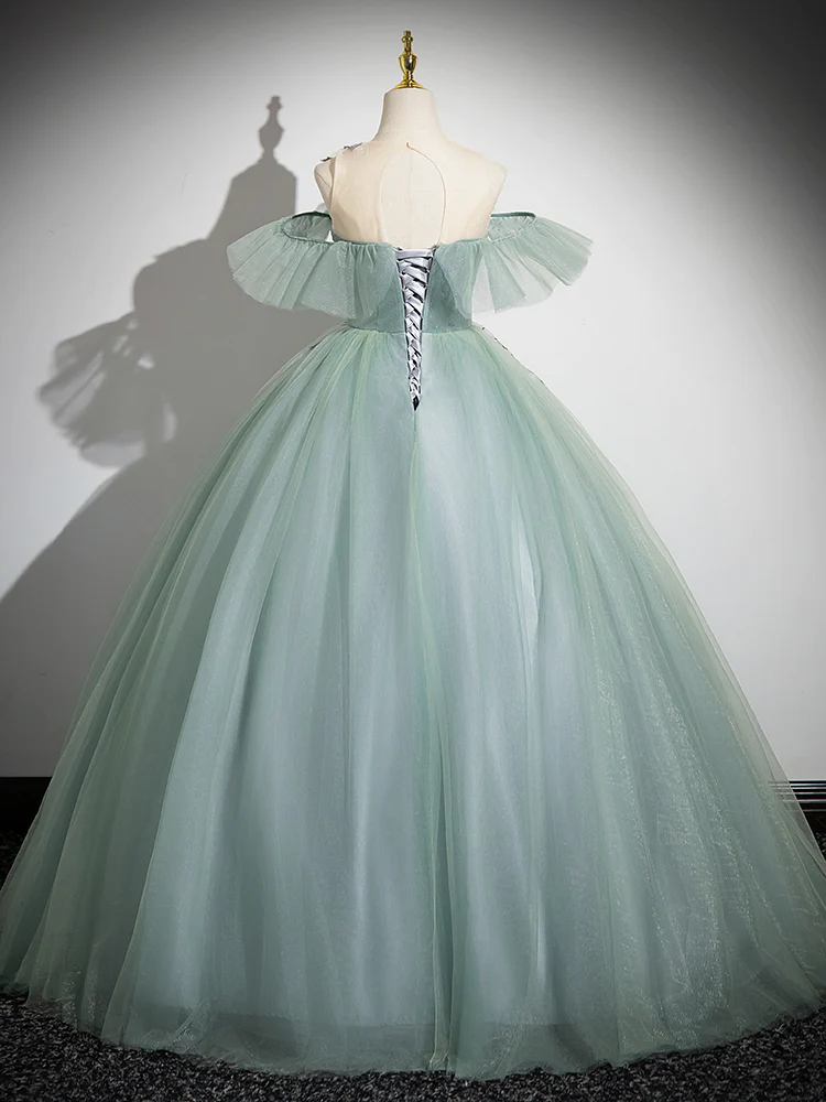 Ball Gown Off Shoulder Tulle Lace Green Long Sweet 16 Dresses