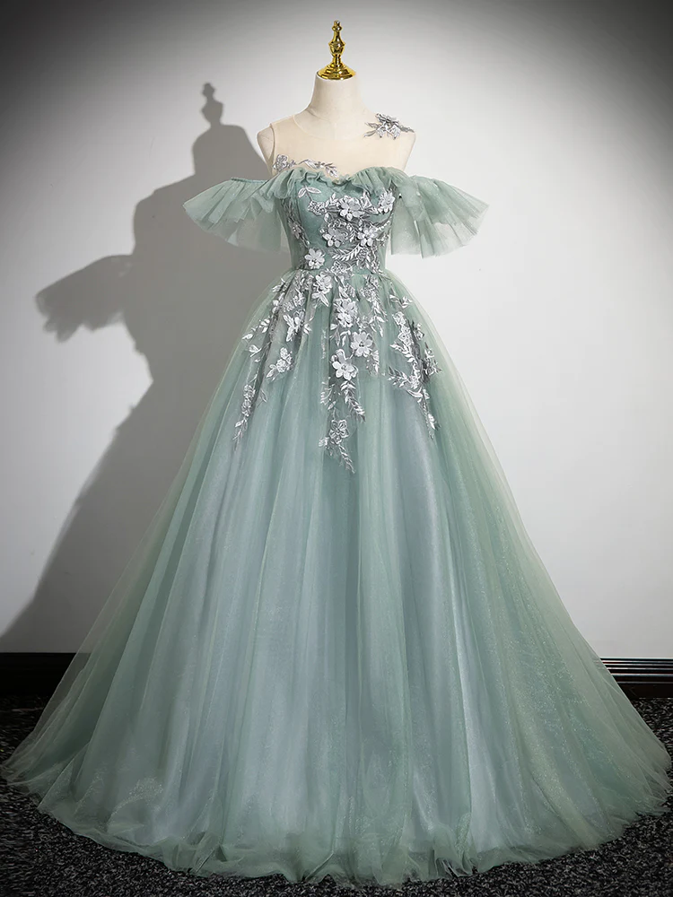 Ball Gown Off Shoulder Tulle Lace Green Long Sweet 16 Dresses