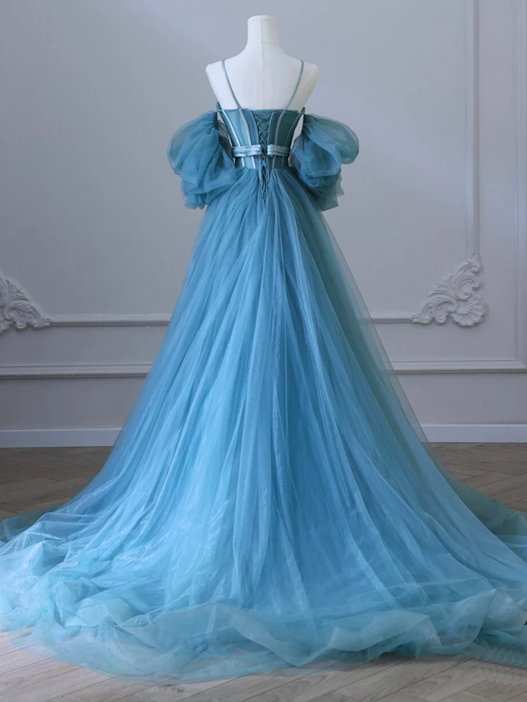 Simple A-Line Sweetheart Neck Tulle Blue Long Prom Dress