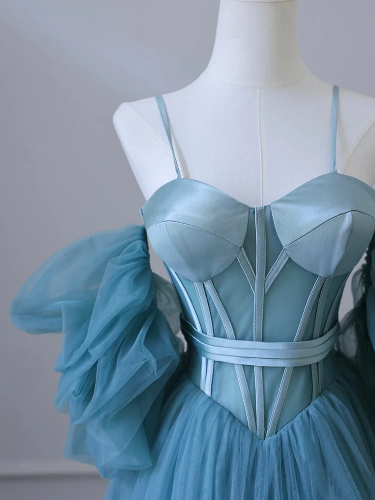 Simple A-Line Sweetheart Neck Tulle Blue Long Prom Dress