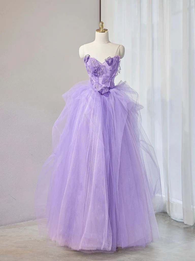 Cute Purple Sweetheart Neck Tulle Applique Long Prom Dress