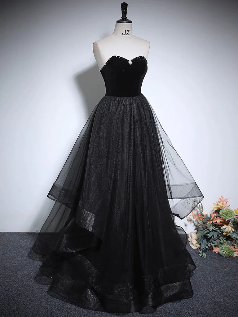 Cute A-Line Tulle Black Long Prom Dress