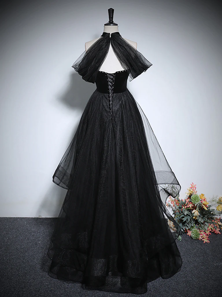 Cute A-Line Tulle Black Long Prom Dress