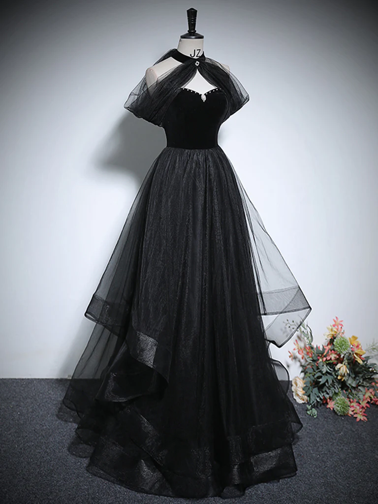 Cute A-Line Tulle Black Long Prom Dress