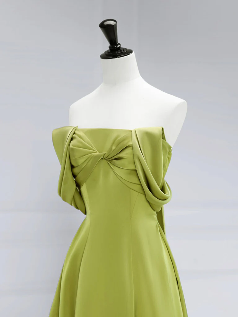 Simple A-Line Off Shoulder Green Satin Long Prom Dress