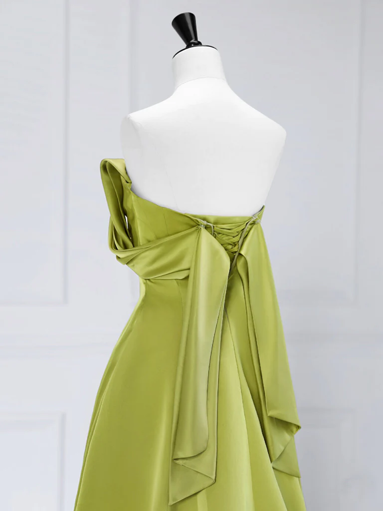 Simple A-Line Off Shoulder Green Satin Long Prom Dress
