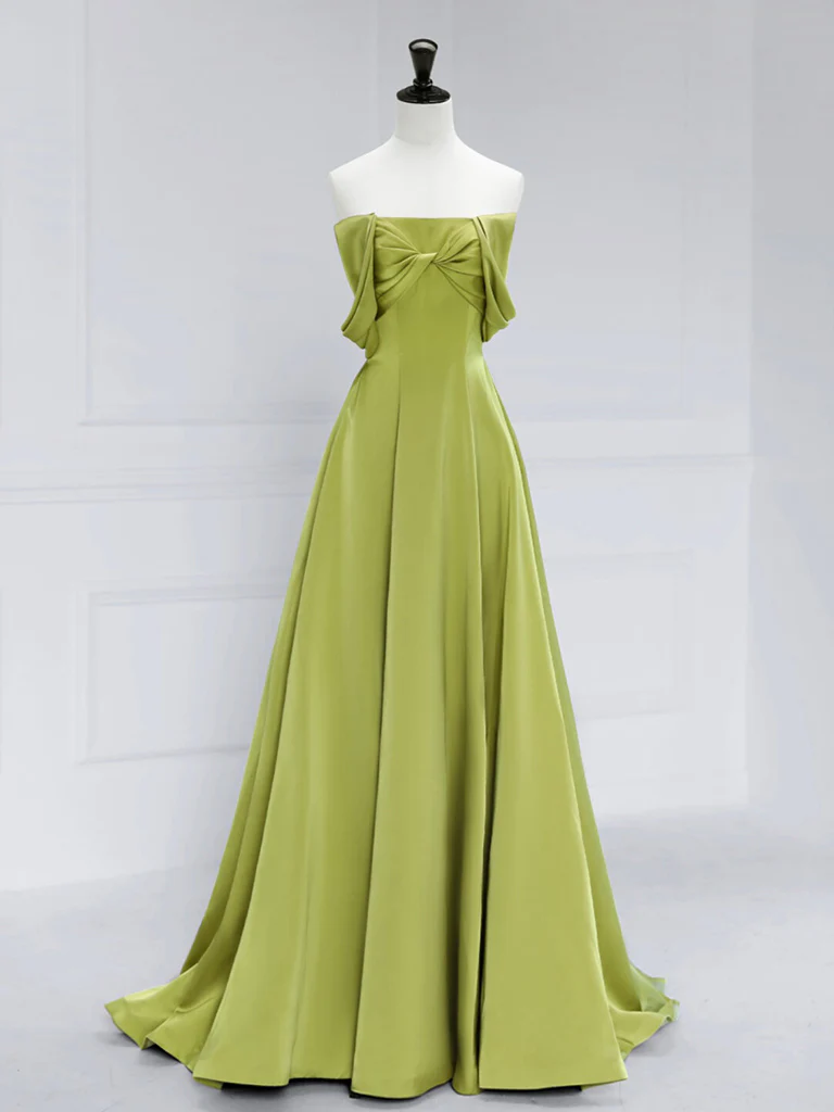 Simple A-Line Off Shoulder Green Satin Long Prom Dress