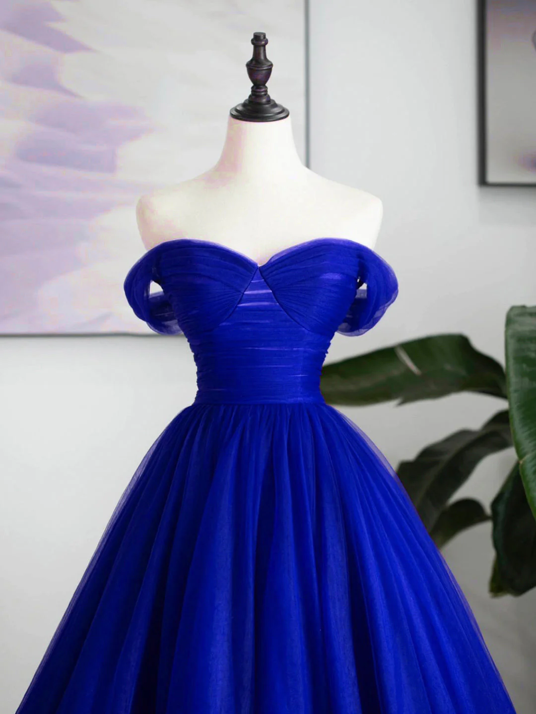 A-Line Sweetheart Neck Tulle Royal Blue Long Prom Dress