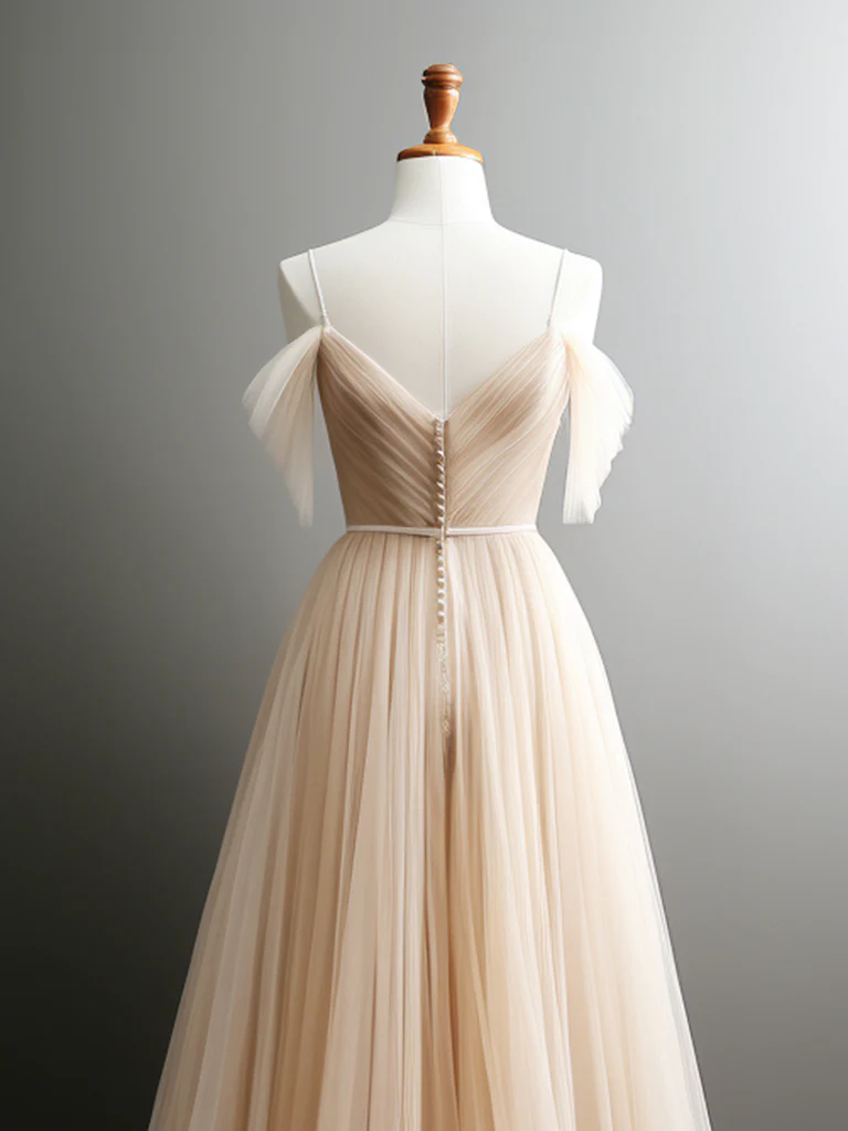 A-Line Off Shoulder Champagne Tulle Long Prom Dress