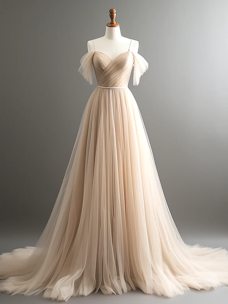 A-Line Off Shoulder Champagne Tulle Long Prom Dress