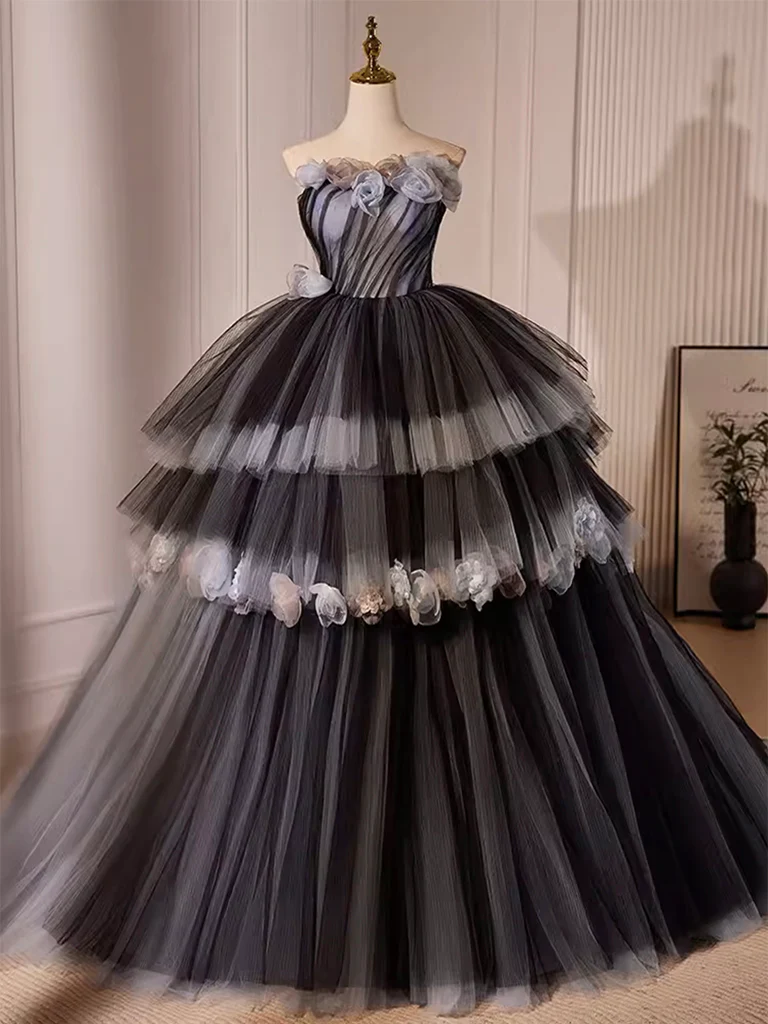 Ball Gown Black Tulle Long Prom Gown Sweet 16 Dresses