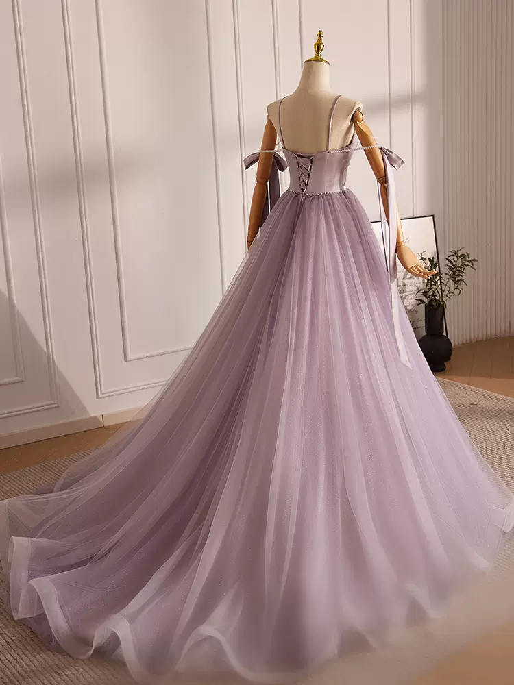 A-Line V Neck Tulle Beads Lilac Long Prom Dress