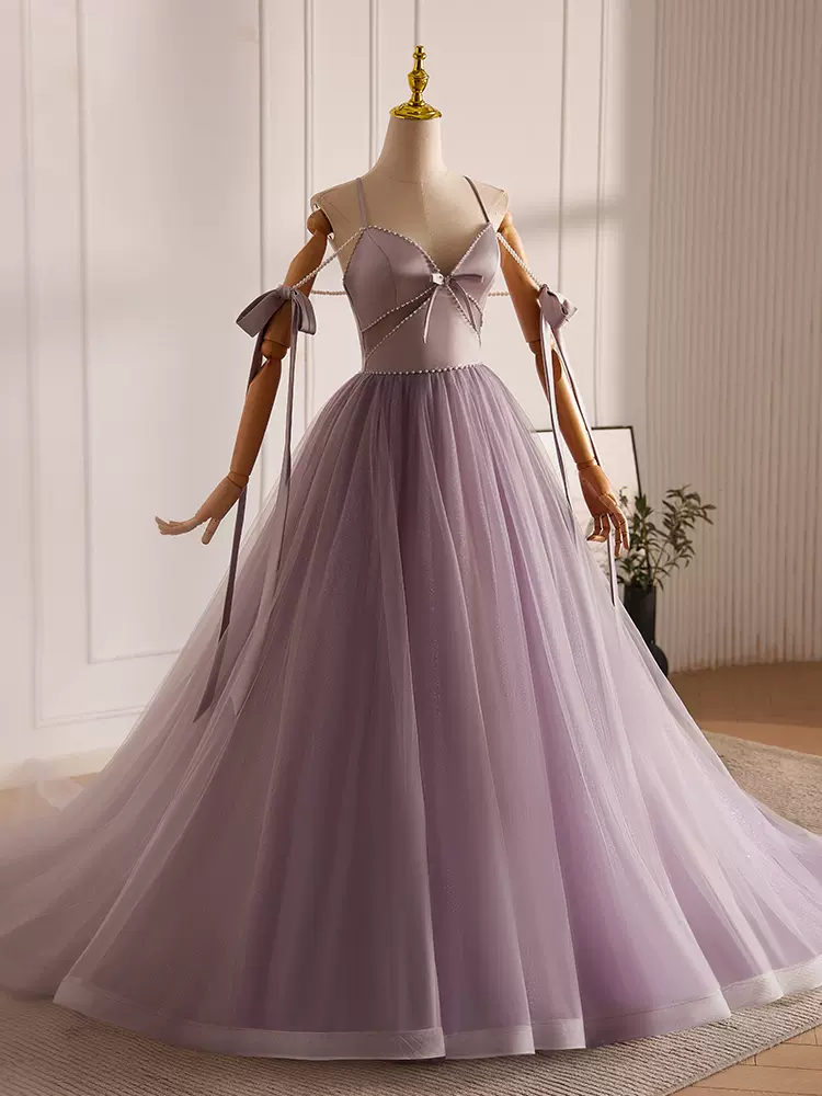 A-Line V Neck Tulle Beads Lilac Long Prom Dress