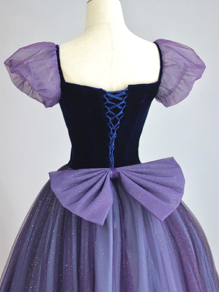 A-Line Puff sleeves Tulle Velvet Purple Long Prom Dress