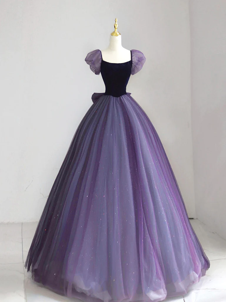 A-Line Puff sleeves Tulle Velvet Purple Long Prom Dress