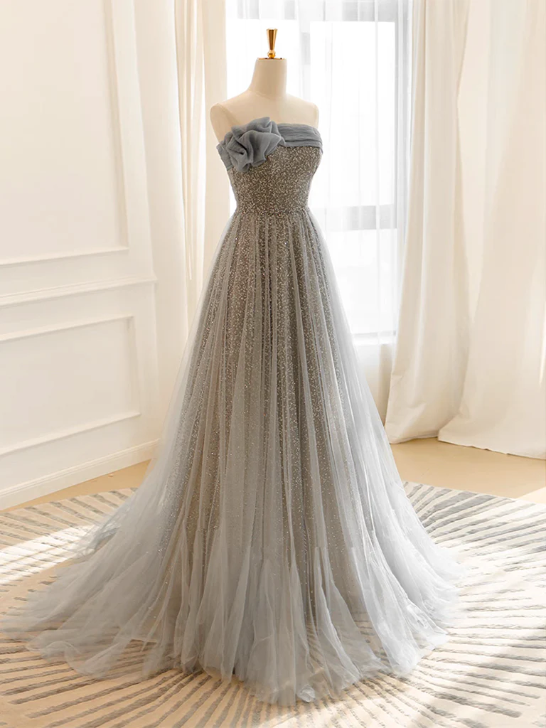 A Line Gray Tulle Sequin Long Prom Dress