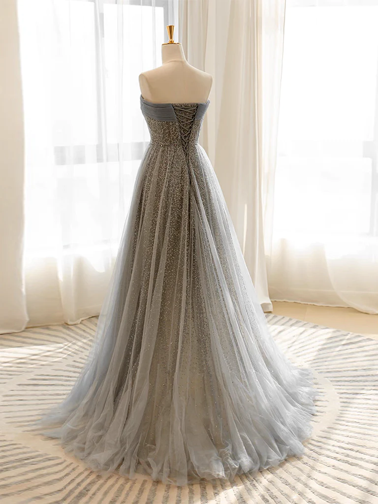 A Line Gray Tulle Sequin Long Prom Dress