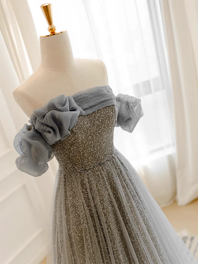 A Line Gray Tulle Sequin Long Prom Dress