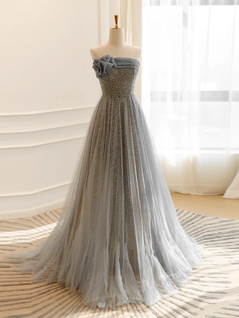 A Line Gray Tulle Sequin Long Prom Dress