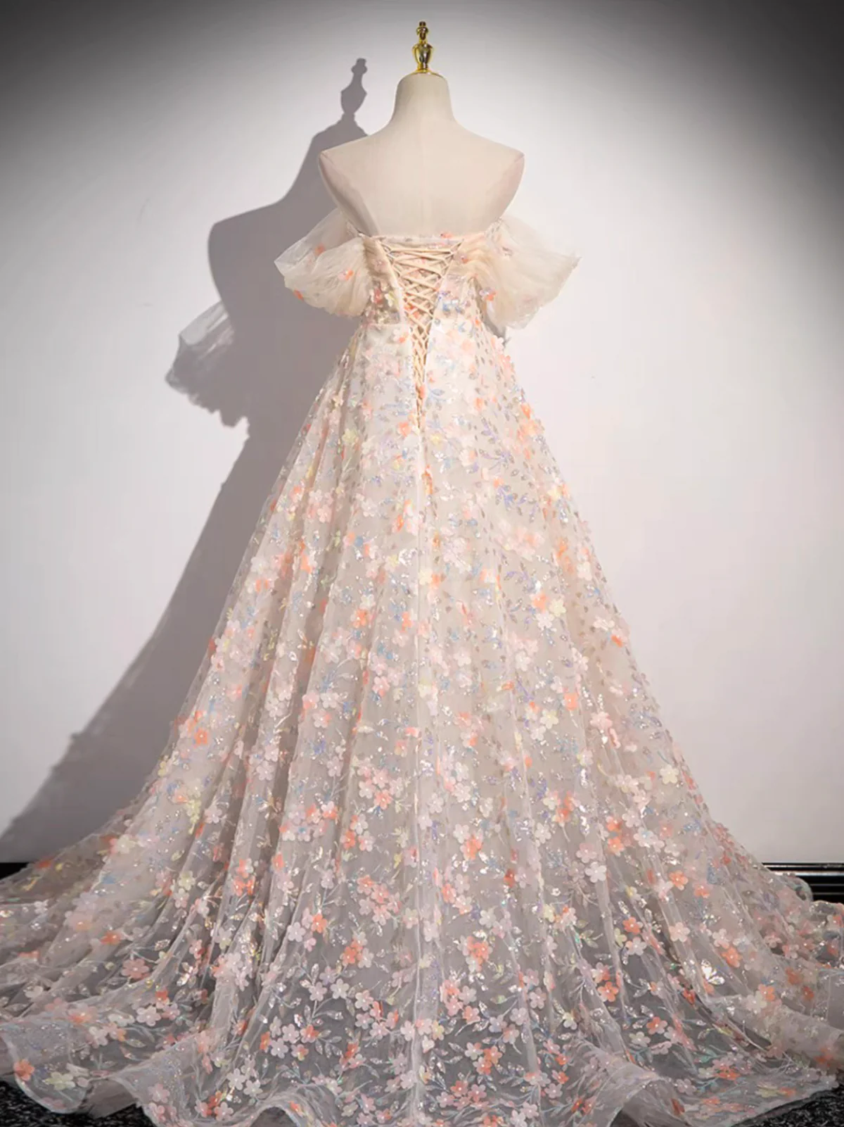 A-Line Off Shoulder Lace Tulle Long Prom Dress
