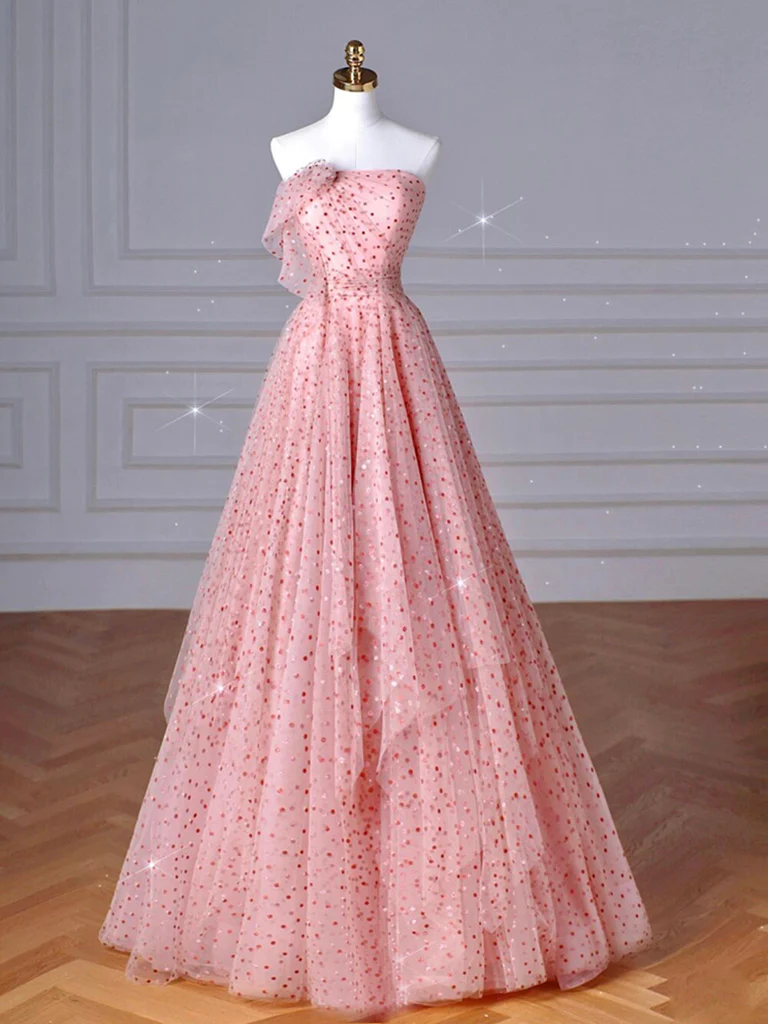 A-Line Pink Tulle Long Prom Dress