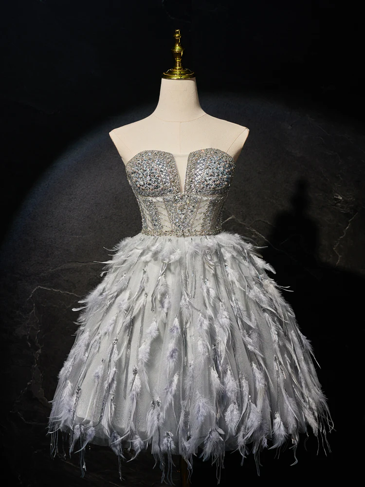 Gray Sweetheart Neck Tulle Beads Feather Homecoming Dresses