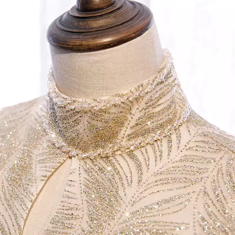 A line High Neckline Sequin Long Gold Prom Dress