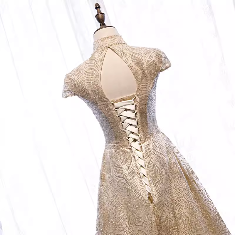 A line High Neckline Sequin Long Gold Prom Dress