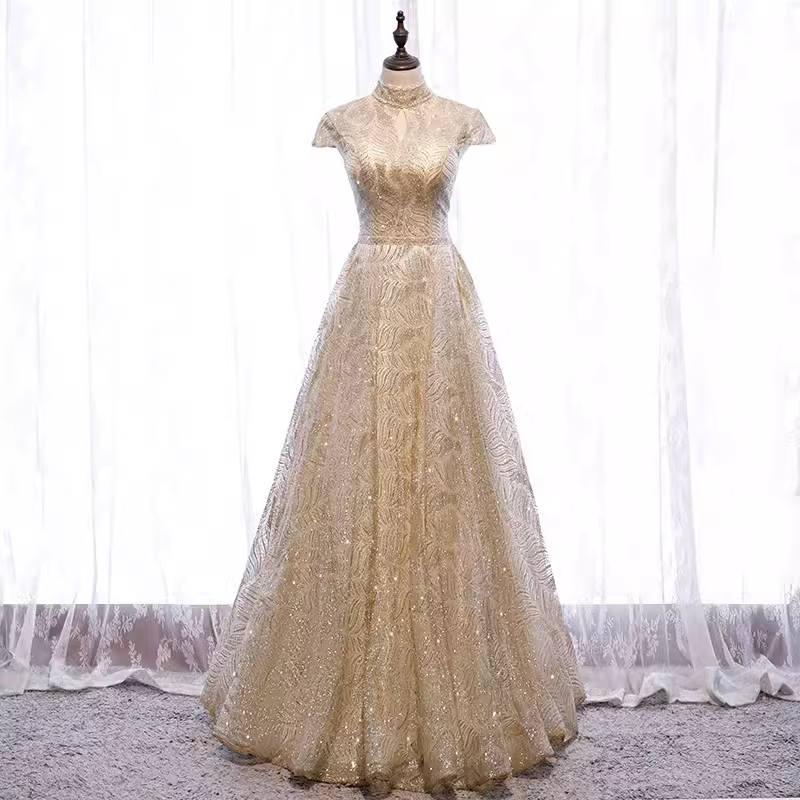A line High Neckline Sequin Long Gold Prom Dress