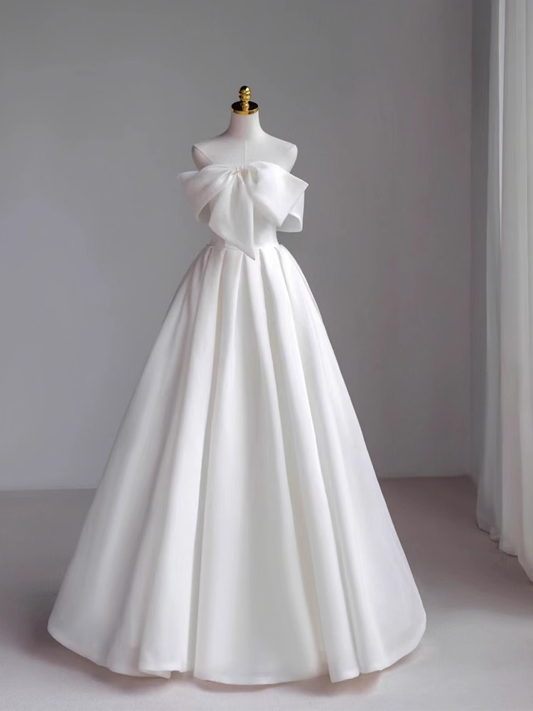 Simple A-Line Off The Shoulder Satin White Long Wedding Dresses
