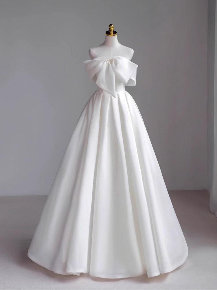 Simple A-Line Off The Shoulder Satin White Long Wedding Dresses
