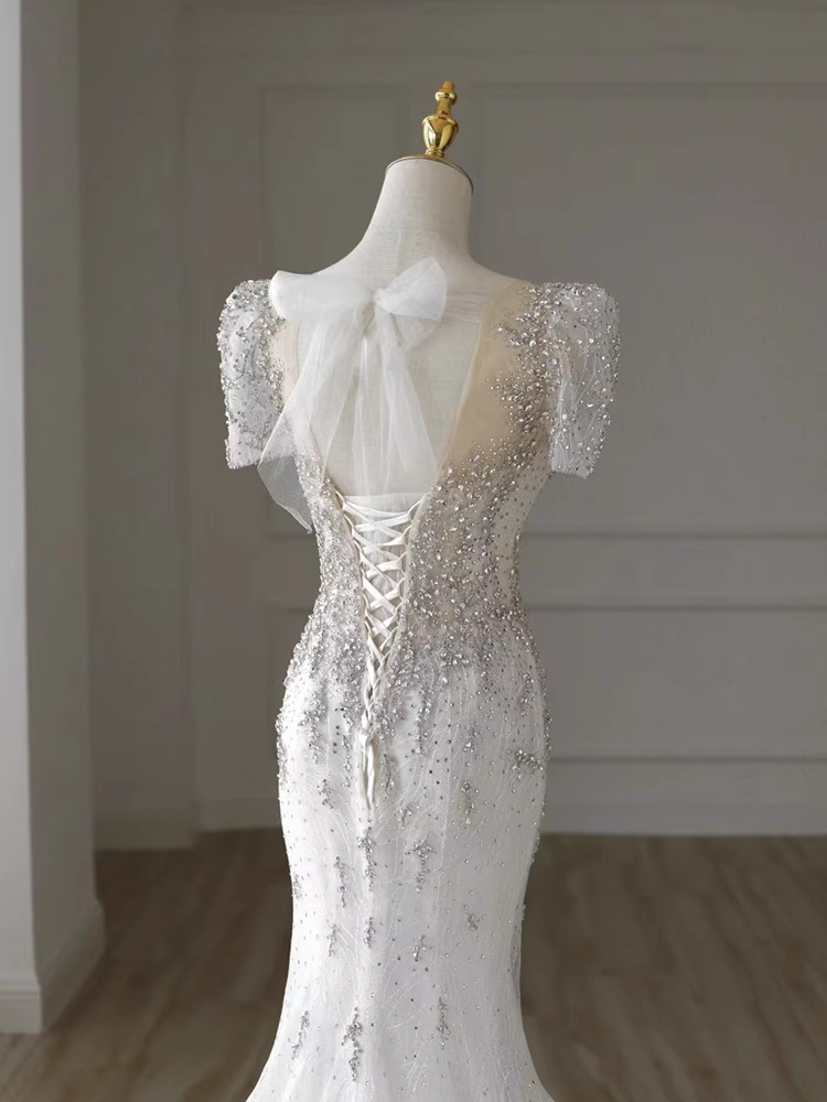 Luxury Mermaid Short Sleeves White Long Wedding Dresses