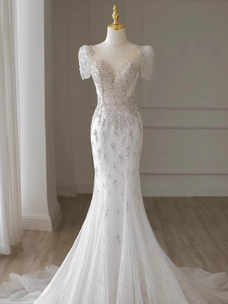Luxury Mermaid Short Sleeves White Long Wedding Dresses