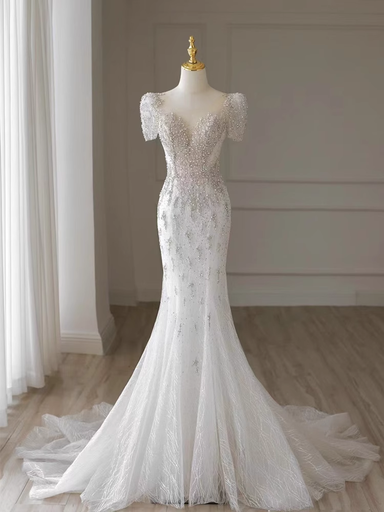 Luxury Mermaid Short Sleeves White Long Wedding Dresses