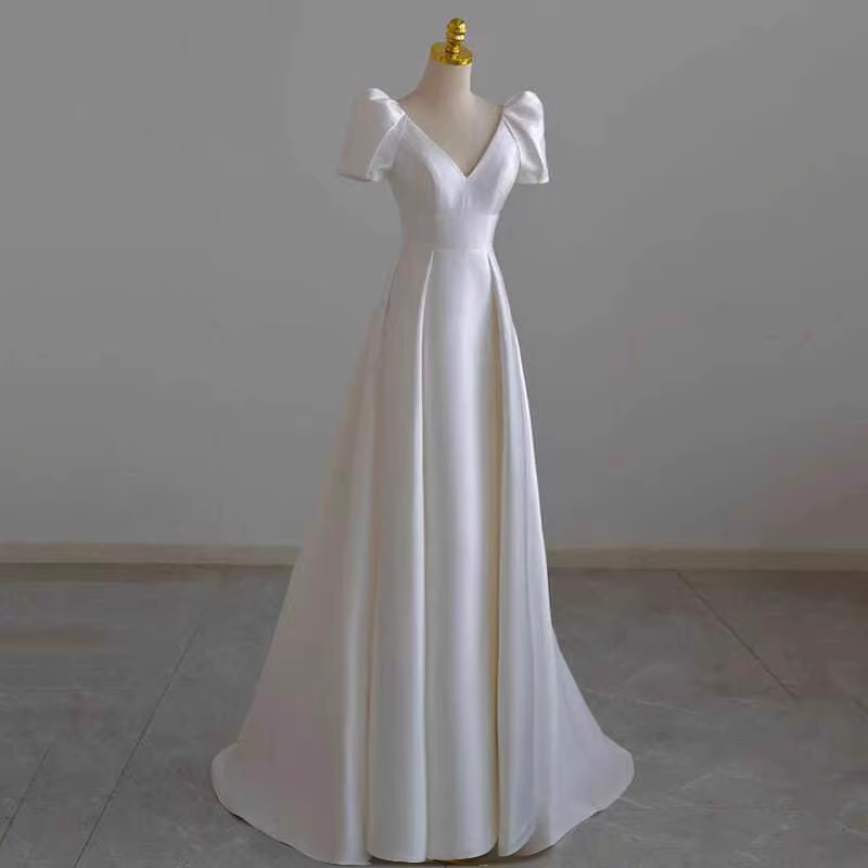 Vintage A line Short Sleeves White Long Wedding Dresses