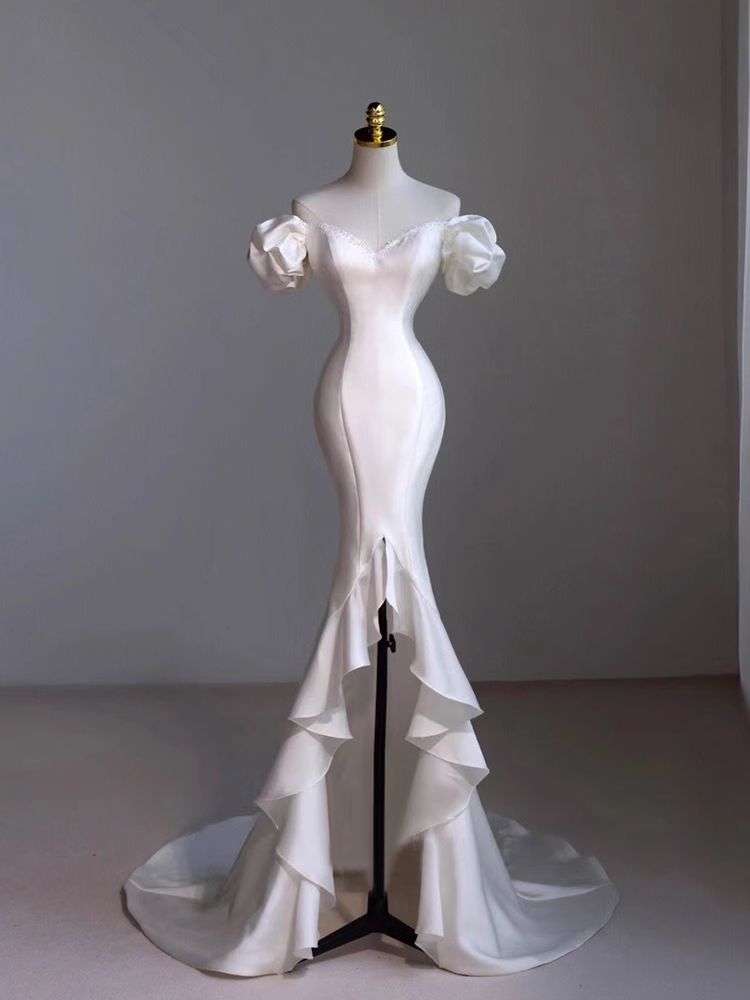 Vintage Mermaid Off the Shoulder Short Sleeves White Satin Wedding Dresses