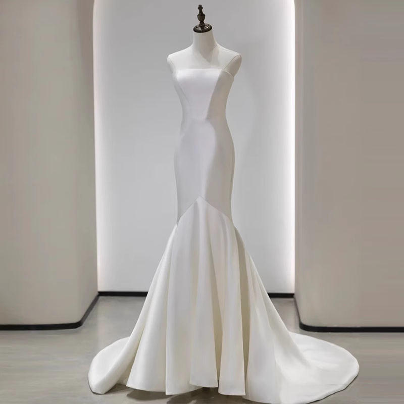 Vintage Mermaid White Satin Long Wedding Dresses