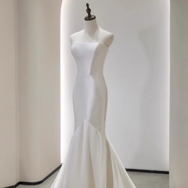 Vintage Mermaid White Satin Long Wedding Dresses