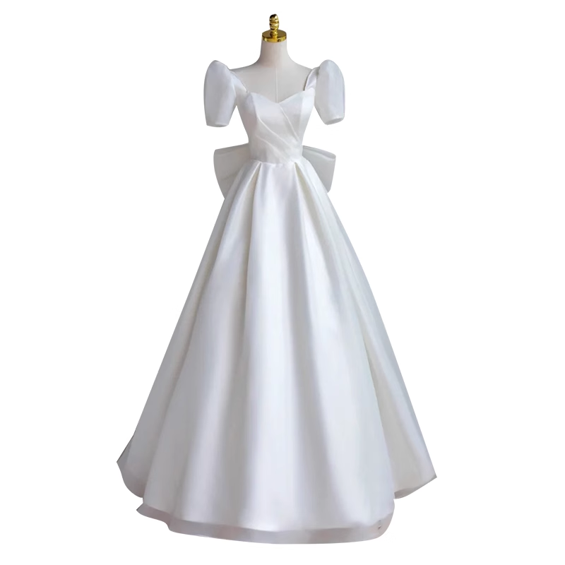 Princess A line White Satin Long Wedding Dresses